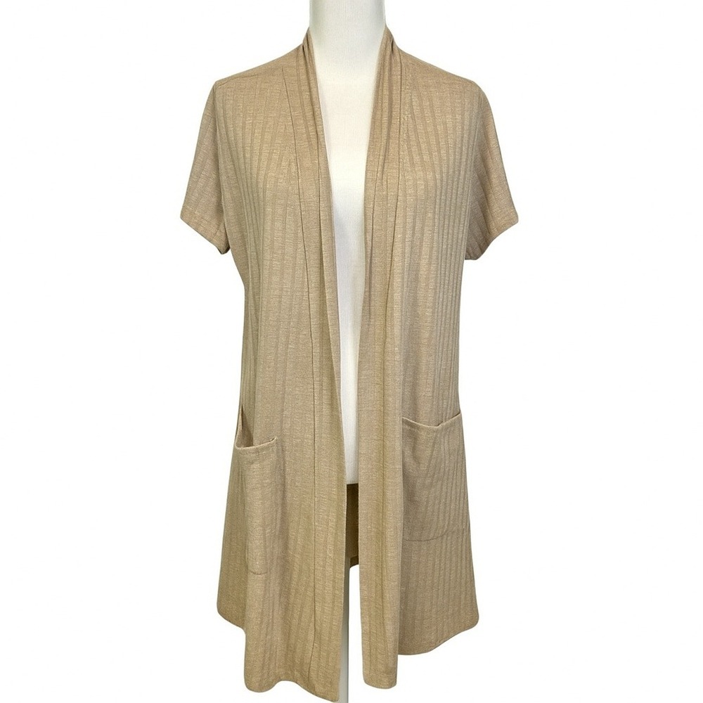 Hybrid & Company Oatmeal Ribbed‎ Knit Longline Cardigan Duster 2XL Open Front